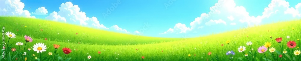Lush green meadow with wildflowers and a blue sky, sky, meadow, peaceful Lush green meadow with wildflowers and a blue sky, sky, meadow, peaceful