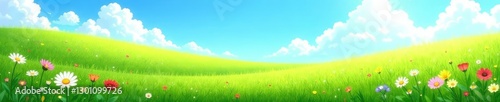 Lush green meadow with wildflowers and a blue sky, sky, meadow, peaceful