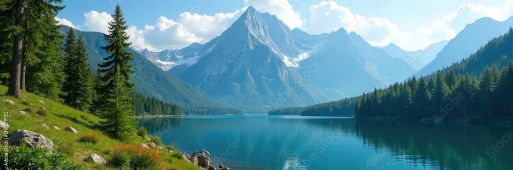 Naklejka premium Lush mountain landscape with a serene lake and surrounding trees, landscape, lake, scenery