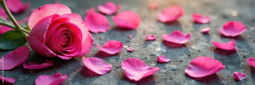 Fototapeta premium Pink rose petals scattered on a natural stone surface, color, flower