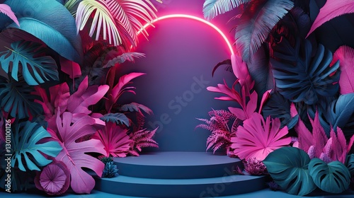 Trendy pink and blue holographic neon scene with an empty paper podium, handmade paper-cut jungle plants, and leaves decor for cosmetics or beauty product promotion mockup with copy space.