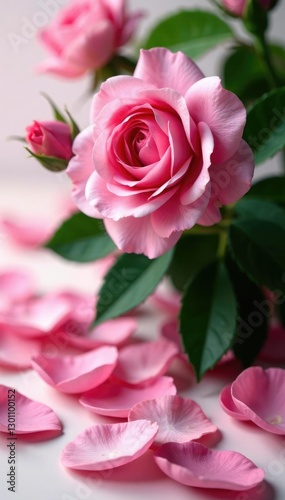 Pink rose petals scattered around a large rose bush in bloom, plant life, horticulture, blossom
