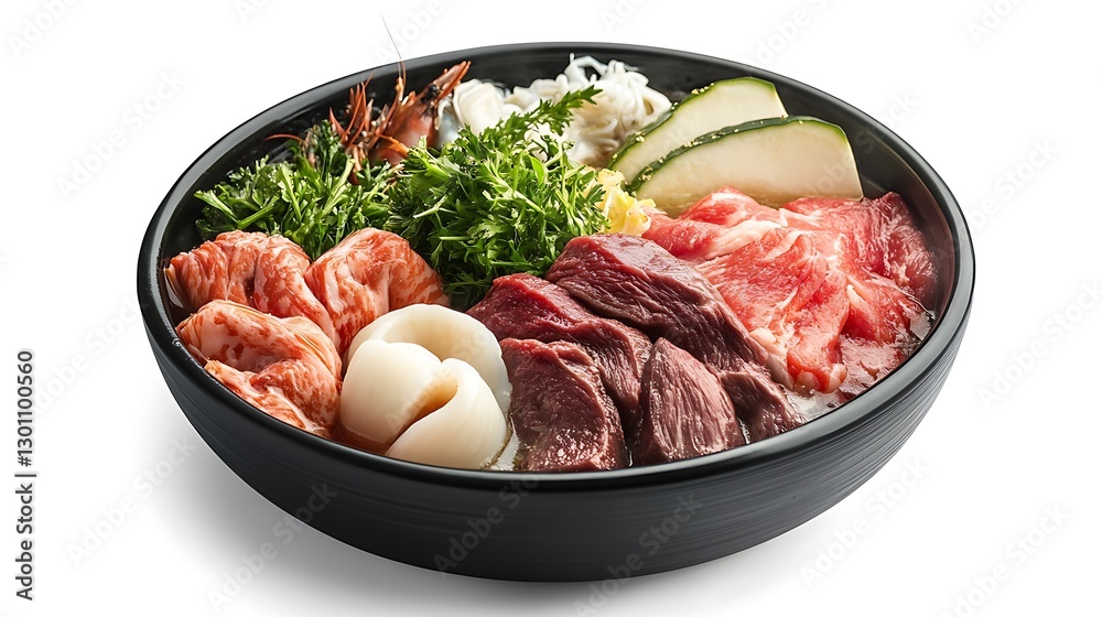 Delicious seafood and meat bowl white background food photography gourmet presentation minimalist style Delicious seafood and meat bowl white background food photography gourmet presentation minimalist style