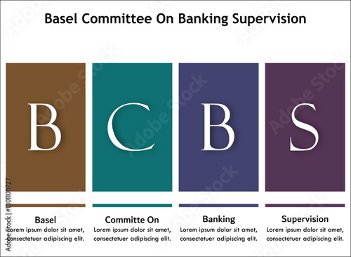 BCBS - Basel Committee on Banking supervision acronym. Infographic template with icons and description placeholder