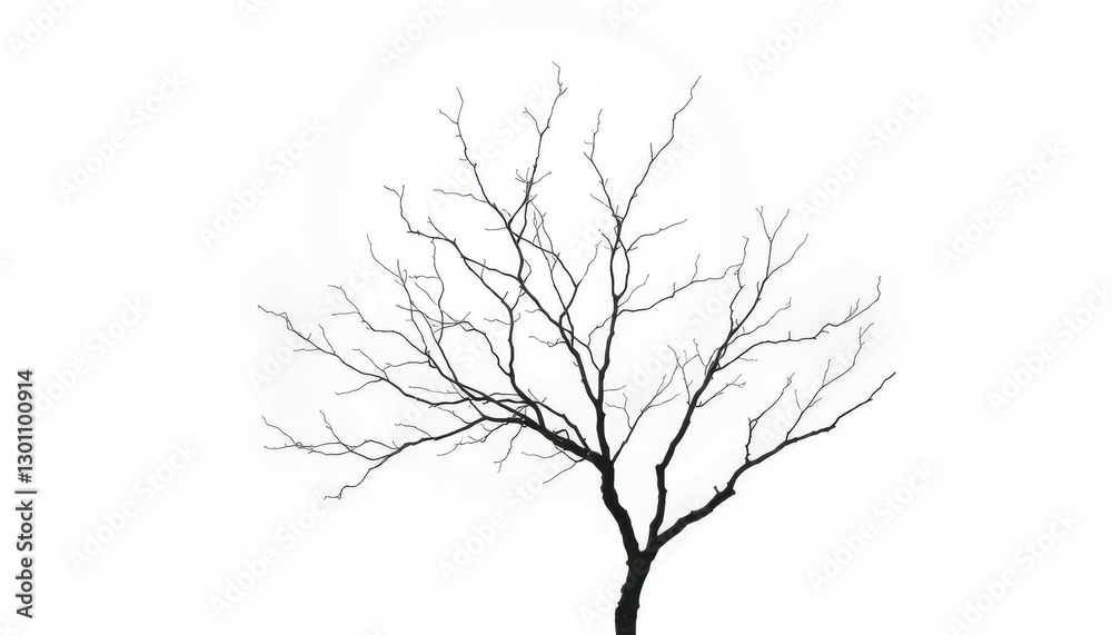 Fototapeta premium Single deciduous tree, stark branches against bright white, backdrop, silhouette