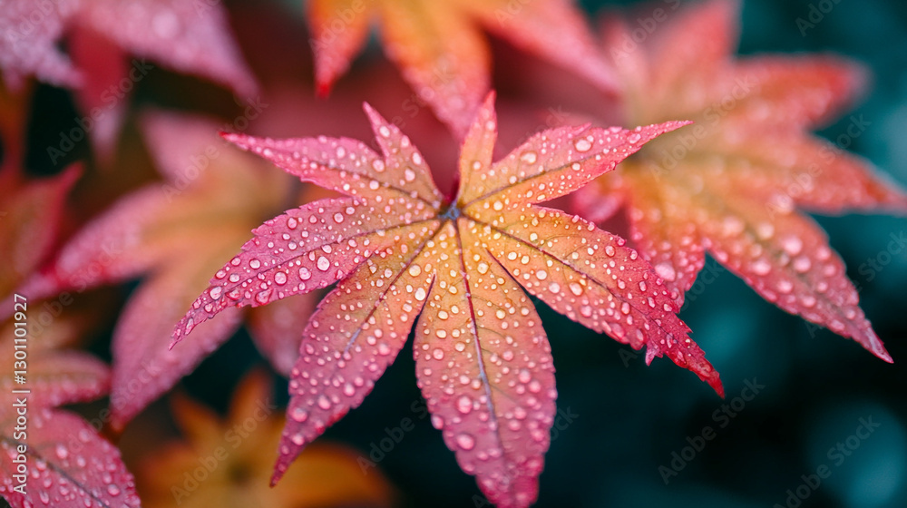 Closeup view of vibrant red autumn maple leaves covered in sparkling water. Closeup view of vibrant red autumn maple leaves covered in sparkling water.