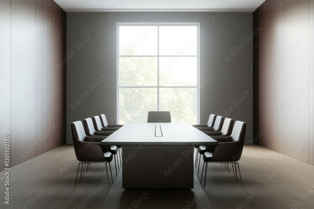 Fototapeta premium elegant modern office space with sleek conference table chairs arranged symmetrically and large window letting in natural