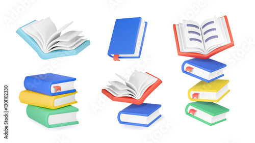 3D set of Closed and opened Books Isolated. Render Pile of Books collection. Reading and Education icons. Literature. Vector