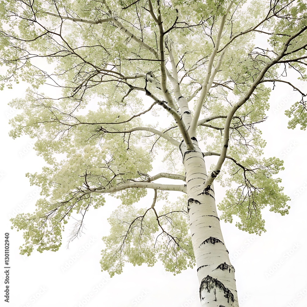 Fototapeta premium Majestic aspen tree with a slender white trunk and rich green canopy, isolated on a clean background, perfect for forestry and nature concepts