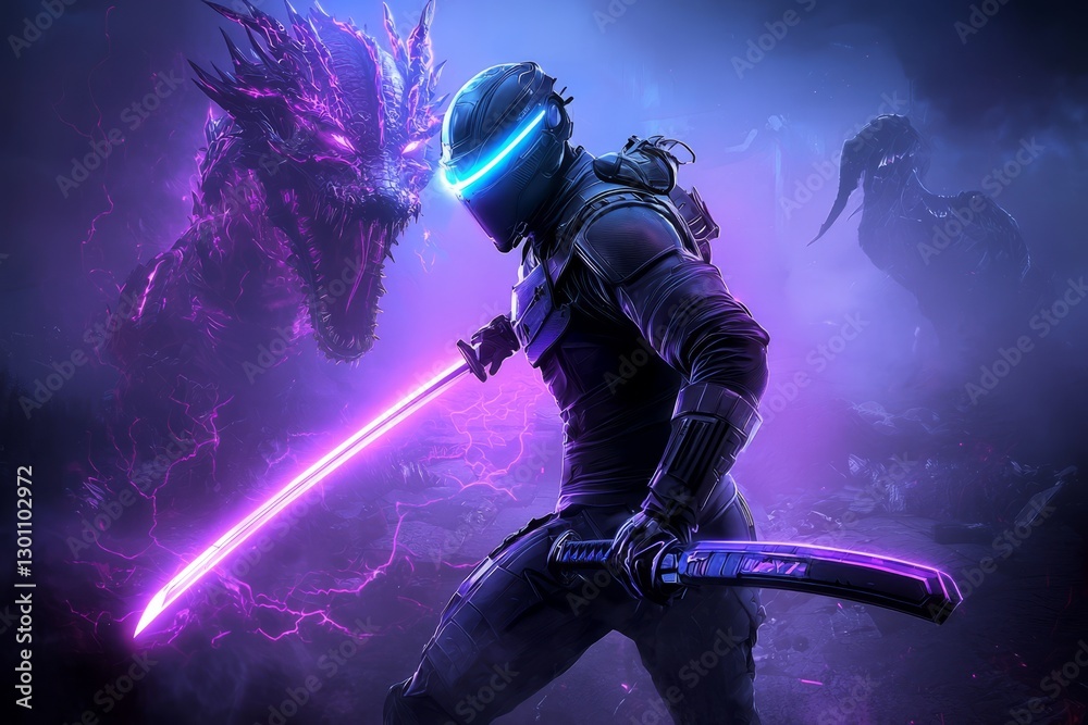 Futuristic Ninja Battles Dragons in Neon Twilight Futuristic Ninja Battles Dragons in Neon Twilight