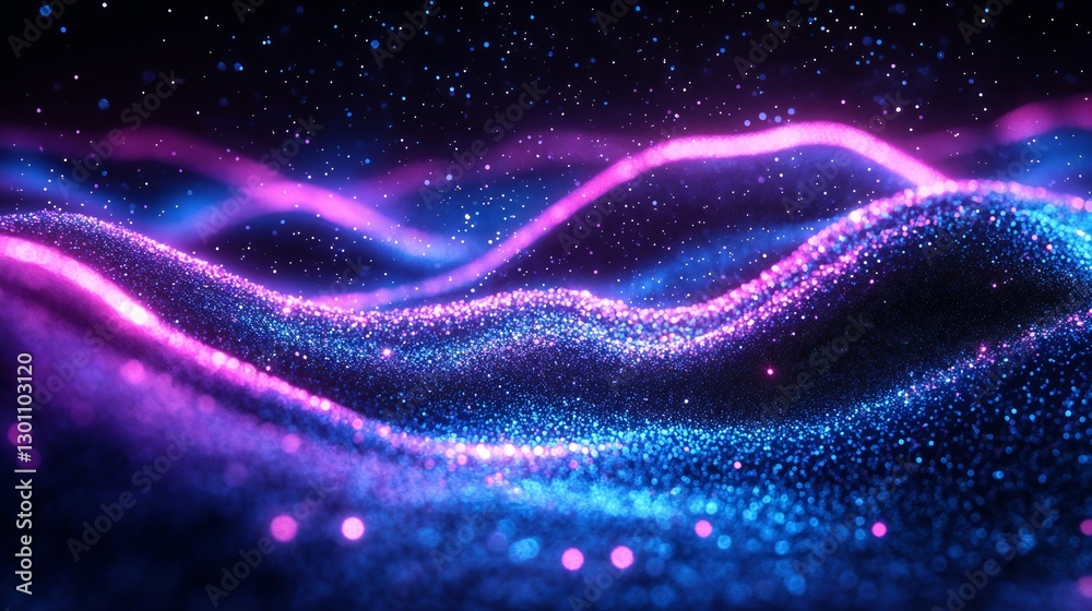 Glowing particles in cyberspace creating a vibrant wave effect Glowing particles in cyberspace creating a vibrant wave effect