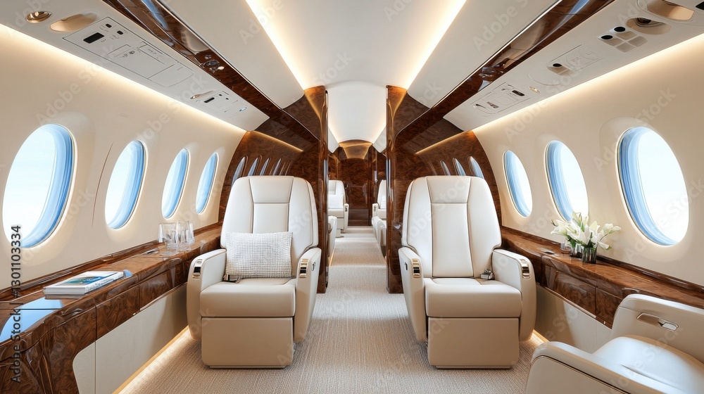 Obraz premium A luxurious private jet interior with soft lighting and premium leather seats, ultimate comfort, luxury travel, business elite