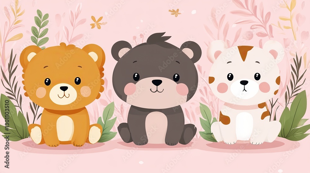 Naklejka premium Two blank cards on pink with cute cartoon animals, baby scrapbook template.