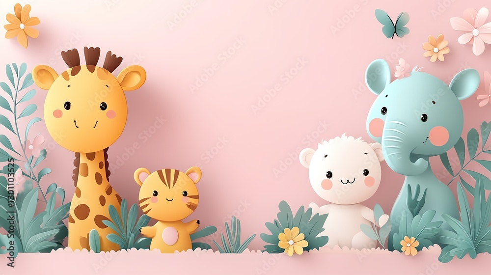 Naklejka premium Two blank cards on pink with cute cartoon animals, baby scrapbook template.
