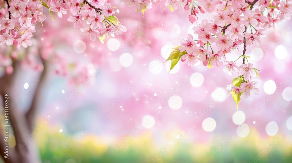 An enchanting springtime scene featuring vibrant pink cherry blossom trees, soft bokeh lights, and a gentle blur of colors in the background, evoking feelings of tranquility and renewal.