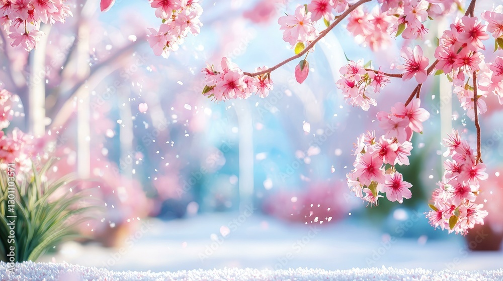A serene pathway lined with beautiful cherry blossom trees in full bloom, creating a picturesque spring scene filled with delicate petals, soft colors, and a tranquil atmosphere.