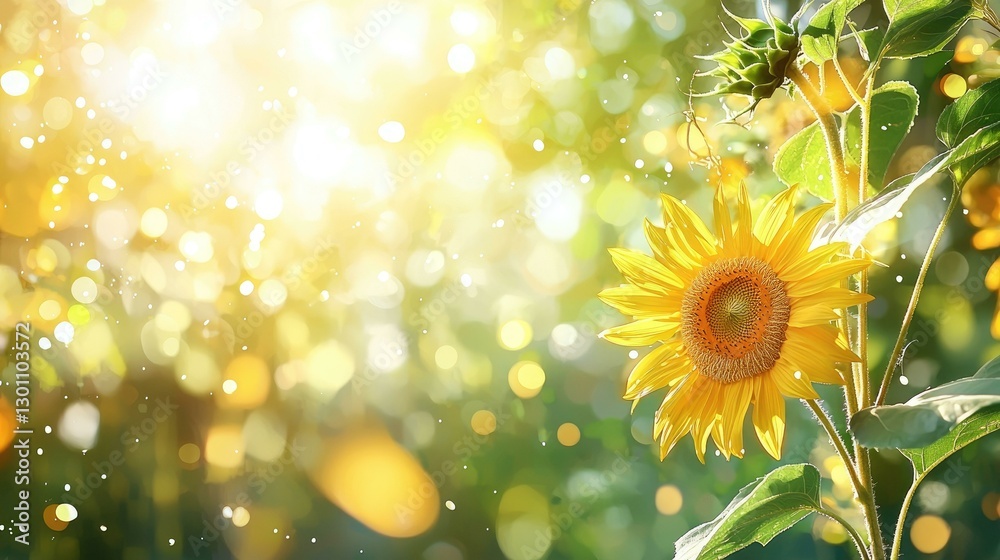 A stunning sunflower blooms under radiant sunlight, surrounded by shimmering bokeh effects that create a dreamy atmosphere, evoking feelings of warmth and joy in a lush green garden setting.
