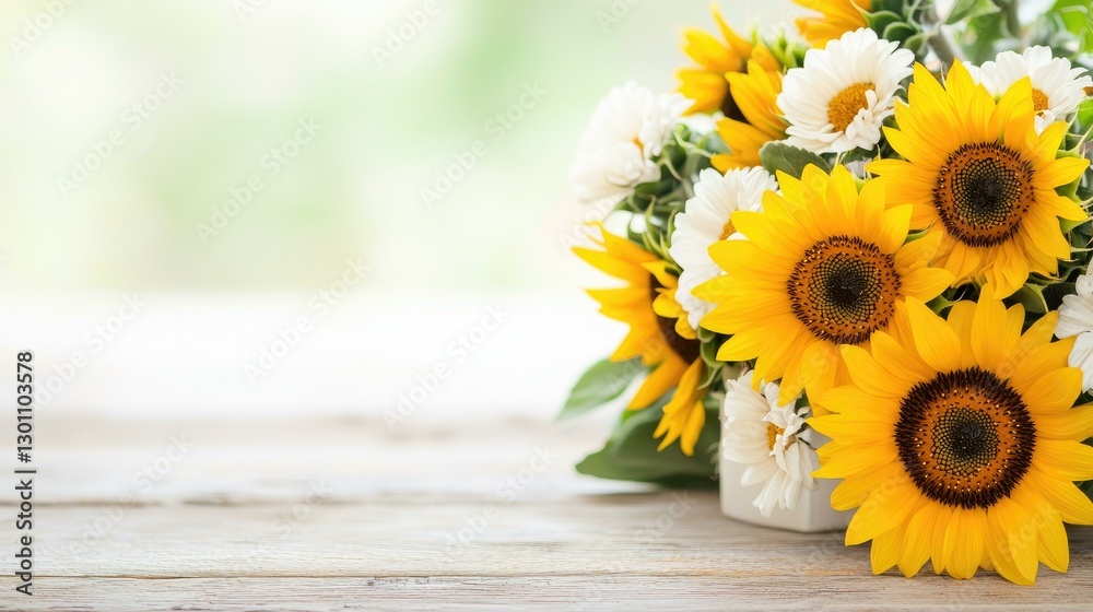 A vibrant bouquet of sunflowers and white daisies beautifully arranged in a rustic jar, capturing the essence of summer and joy in a bright and cheerful setting.
