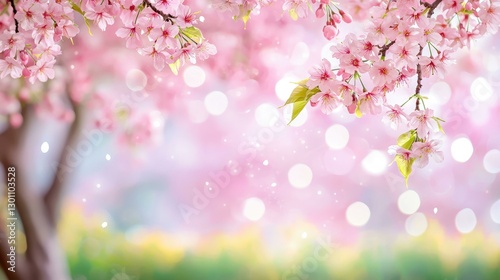 An enchanting springtime scene featuring vibrant pink cherry blossom trees, soft bokeh lights, and a gentle blur of colors in the background, evoking feelings of tranquility and renewal.