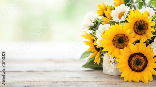 Obraz na płótnie A vibrant bouquet of sunflowers and white daisies beautifully arranged in a rustic jar, capturing the essence of summer and joy in a bright and cheerful setting. w salonie