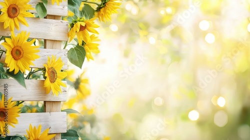 Obraz na płótnie A vibrant arrangement of sunflowers adorning a rustic wooden fence, bathed in soft sunlight, creating a cheerful and warm ambiance perfect for summer-themed designs or uplifting backgrounds. w salonie