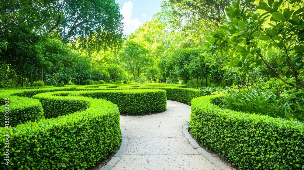 Serene garden maze with lush green hedges and a winding pathway, inviting visitors to explore the tranquil beauty of nature and unwind in this peaceful outdoor environment.