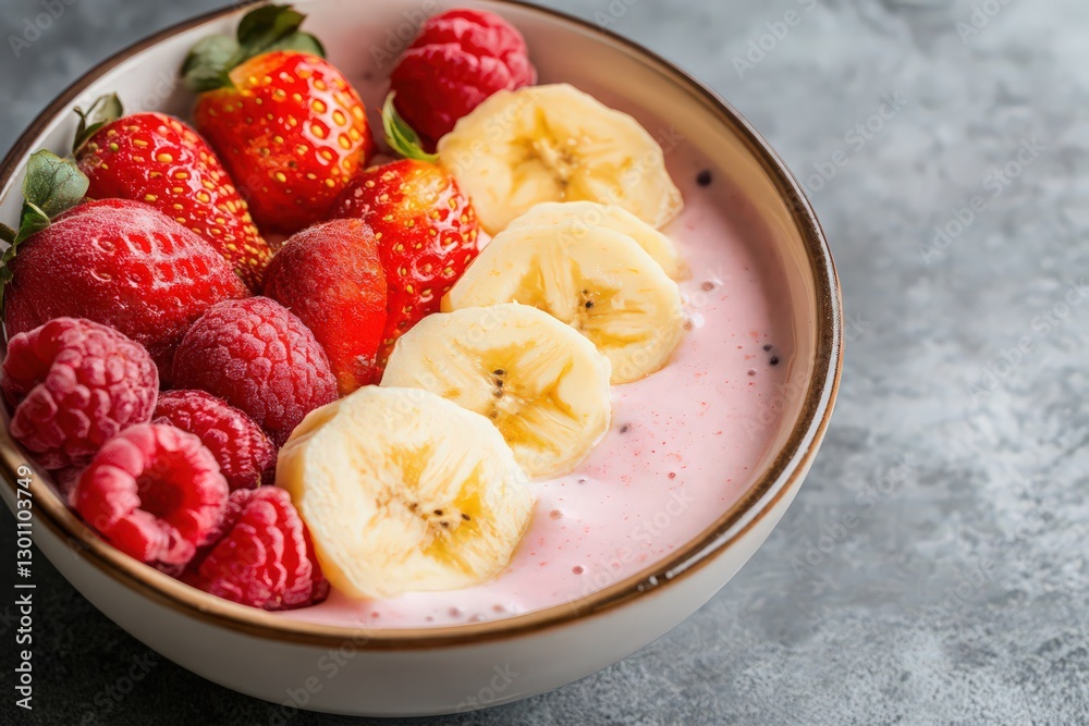 Pink Smoothie Bowl with Strawberries Raspberries and Banana Slices Pink Smoothie Bowl with Strawberries Raspberries and Banana Slices