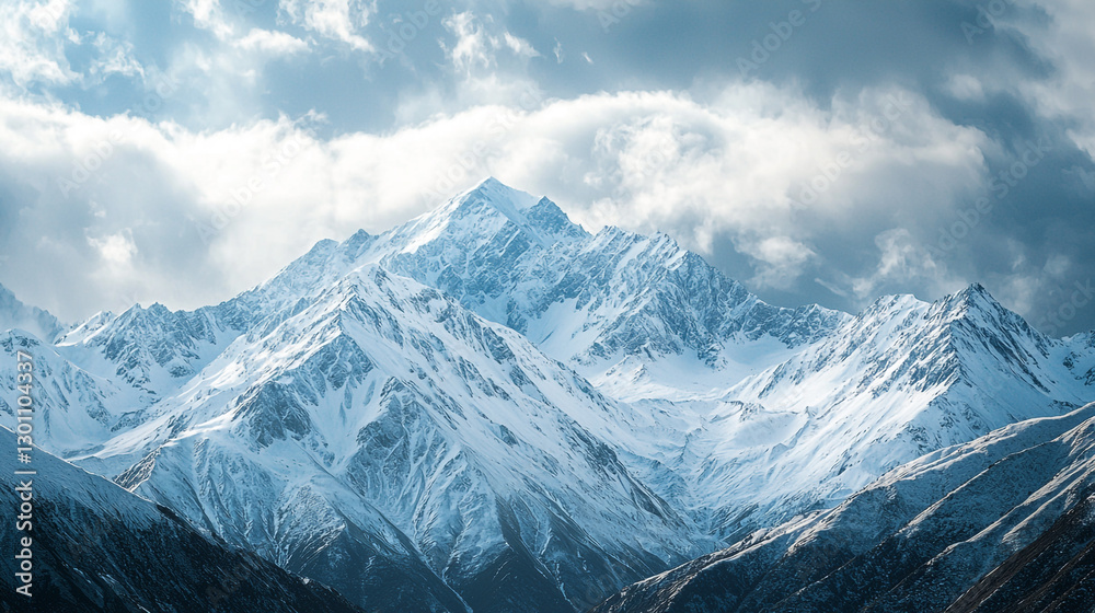 Obraz premium Majestic winter mountain landscape with snow covered peaks and dramatic clouds sky ice cold view blue