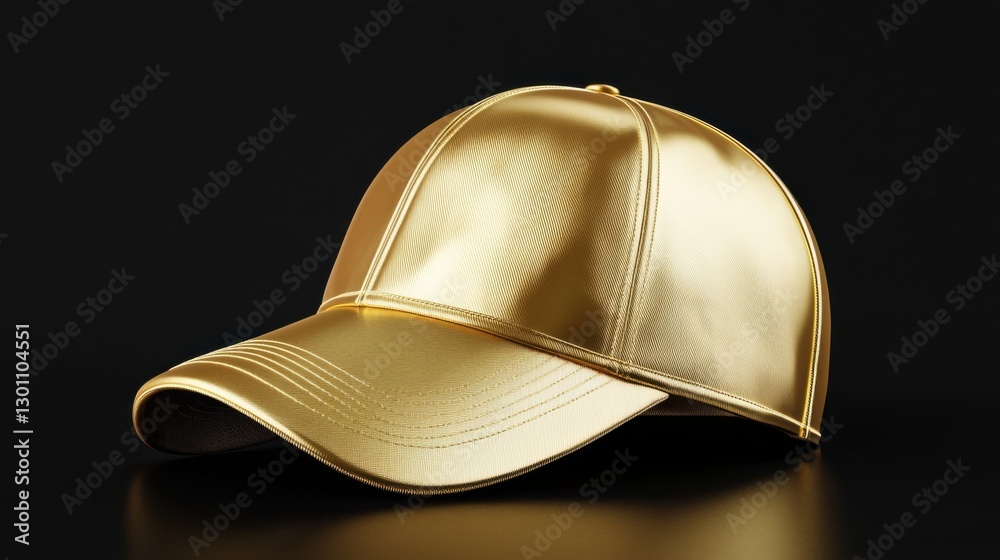 Luxurious golden baseball cap, smooth metallic gold finish, intricate stitching details, soft spotlight reflections, floating elegantly against Luxurious golden baseball cap, smooth metallic gold finish, intricate stitching details, soft spotlight reflections, floating elegantly against
