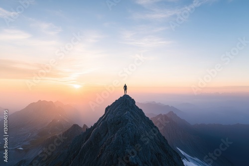 lone figure stands atop mountain peak at sunrise gazing into vast horizon symbolizing boundless potential and realization