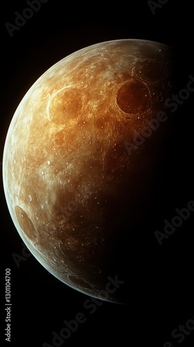 Venus Planet surface view. Planet with craters. Dark space around planet. Light on surface. Moon with round impact craters. Round shape in the dark space. photo