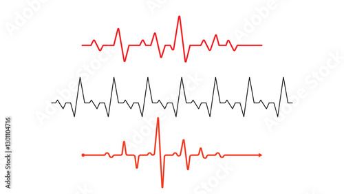 Clean and simple ECG (electrocardiogram) heartbeat illustration featuring red and black pulse lines on a white background, symbolizing medical monitoring, cardiology, and vital signs.