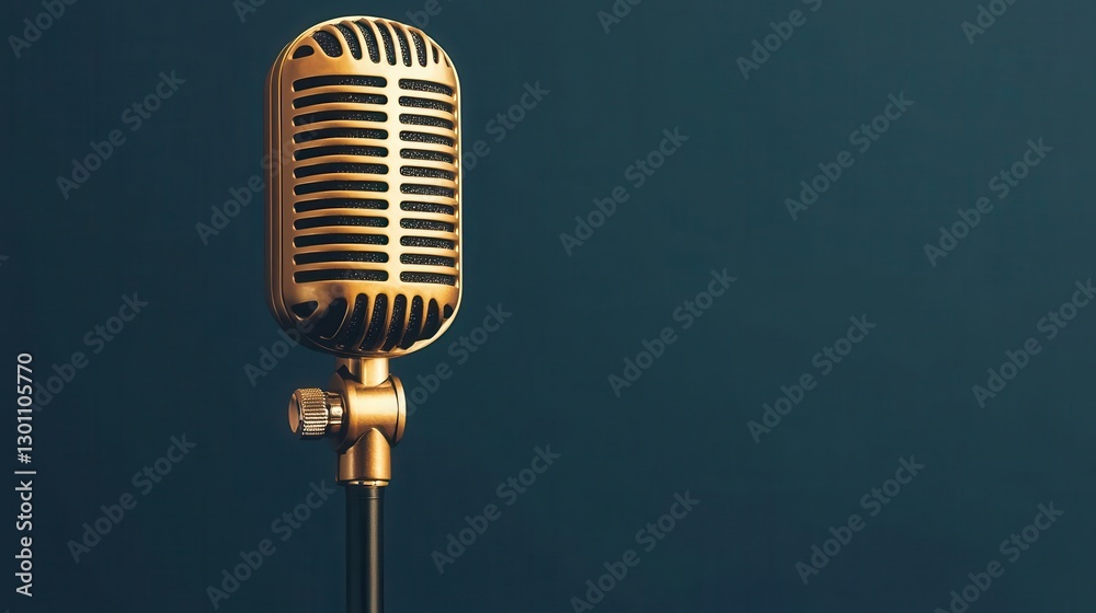 Fototapeta premium Golden sound waves radiating from a retro microphone, symbolizing timeless podcasting content