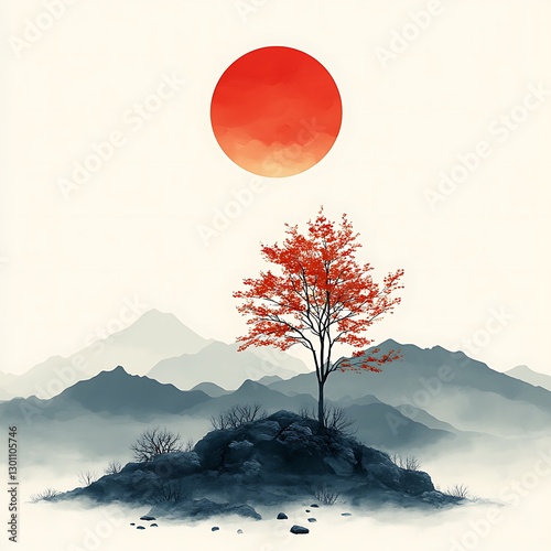 A lonely red tree stands on a small rock platform photo