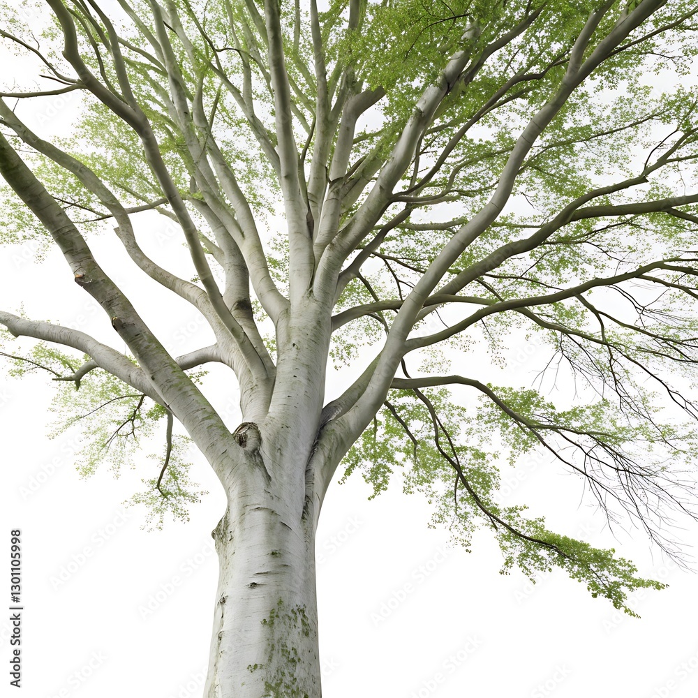 Majestic beech tree with smooth gray bark and sprawling branches, isolated on a white background, showcasing its detailed structure and natural beauty Majestic beech tree with smooth gray bark and sprawling branches, isolated on a white background, showcasing its detailed structure and natural beauty