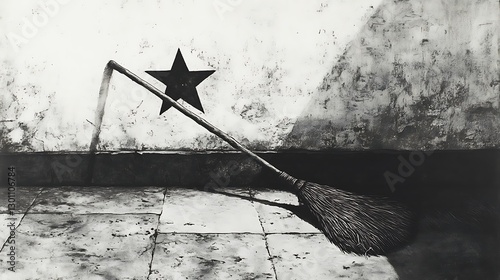 Abandoned broom, communist star, weathered wall