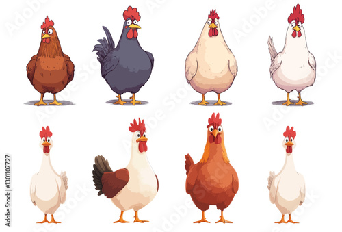 Colorful vector icons of chickens: A diverse set of chickens in shapes and designs, perfect for nature and animals themed designs.