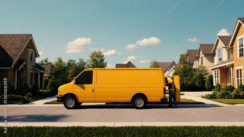 Obraz premium Cleaning service van in residential neighborhood daylight realistic viewpoint home environment