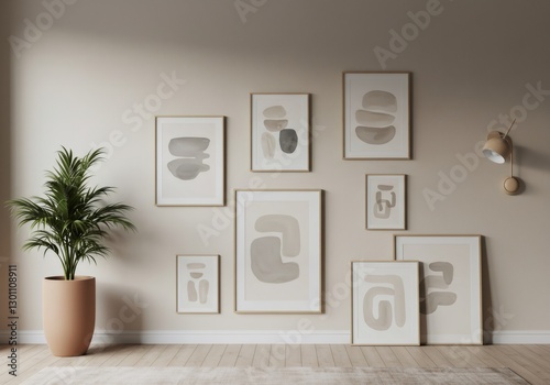 Gallery Wall Featuring Neutral Abstract Prints in Minimalist Interior