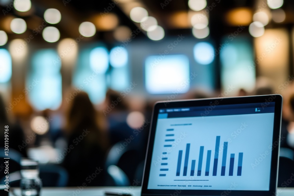 Business Financial Seminar Presentation with Laptop Displaying Bar Graph in Blurred Audience Background for Professional Event Use Business Financial Seminar Presentation with Laptop Displaying Bar Graph in Blurred Audience Background for Professional Event Use