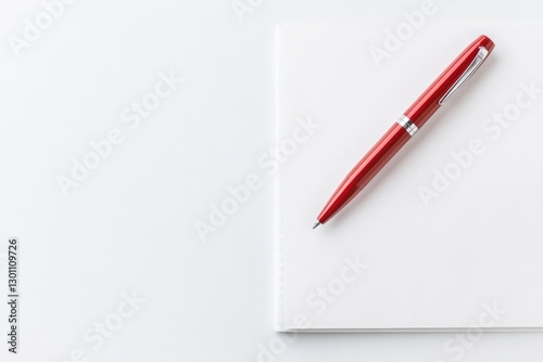 single vividly red pen rests diagonally on open blank notebook waiting to glimmer with creative essence of unwritten