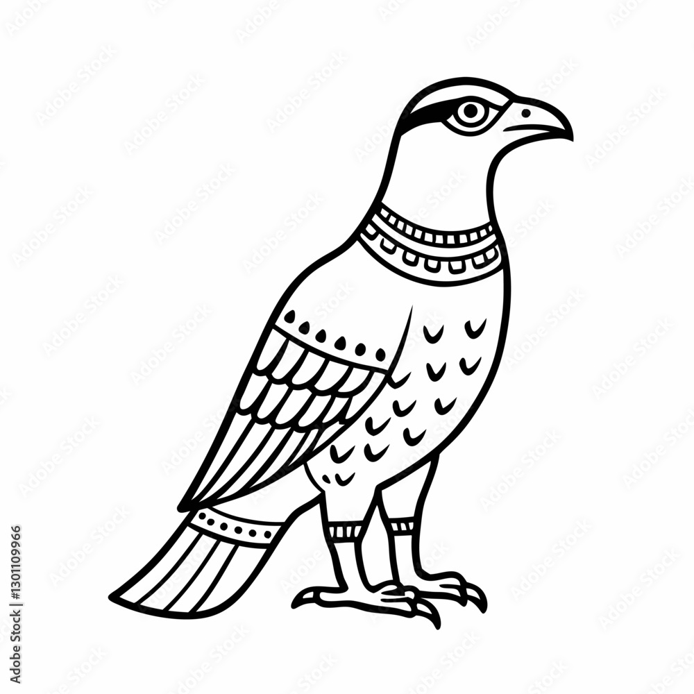 Fototapeta premium Ancient Egyptian Sacred Falcon Line Art Illustration in Black and White