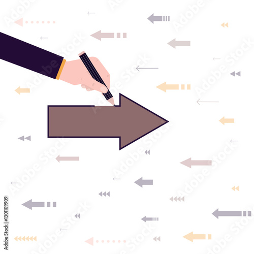 Businessman uses pencil and drawing arrow in opposite direction. New ideas change way and direction of thinking, man moves in other way, overcoming obstacles.