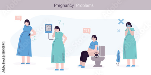 Set of various pregnant women suffering from morning sickness, nausea, constipation and high blood pressure. Pregnant girl got dizziness, back pain.