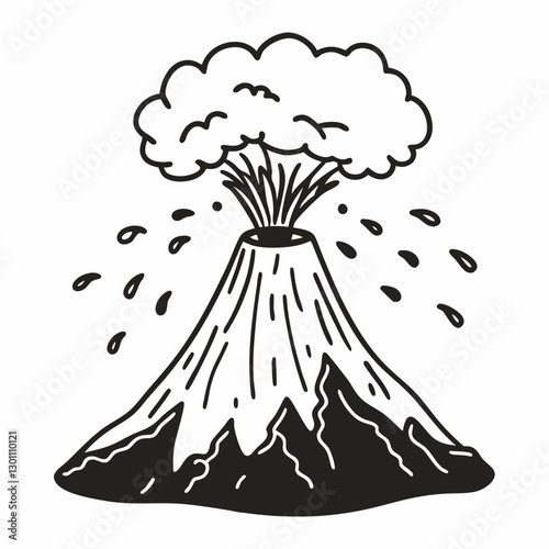 Erupting Volcano Illustration with Ash Cloud and Lava Flow