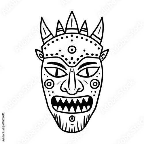 Tribal Mask Line Art Detailed Ethnic Face with Geometric Patterns and Spikes