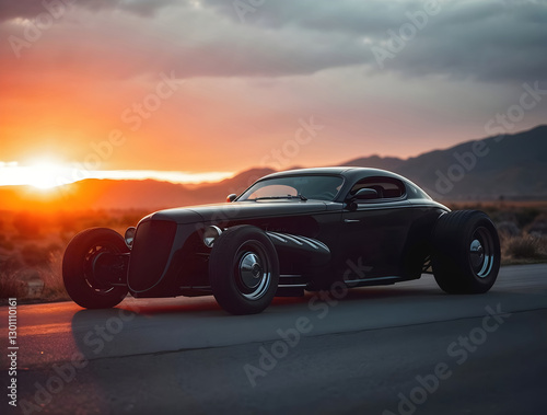 Obraz na płótnie Beautiful modern hot rod car at sunset, automotive background, tuning template, auto transport w salonie