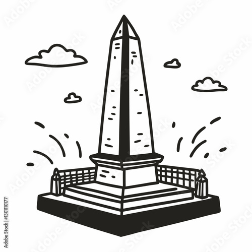 Hand Drawn Monumental Obelisk Illustration with Clouds and Fence