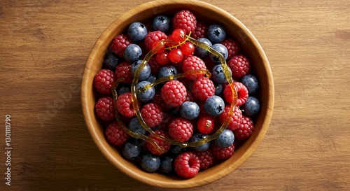 Delicious Berries in Wooden Bowl Raspberries Blueberries Honey