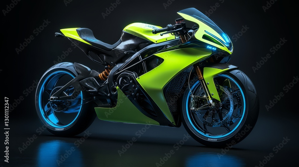 Futuristic Lime Green Sportbike with Neon Blue Wheels on Dark Background Futuristic Lime Green Sportbike with Neon Blue Wheels on Dark Background